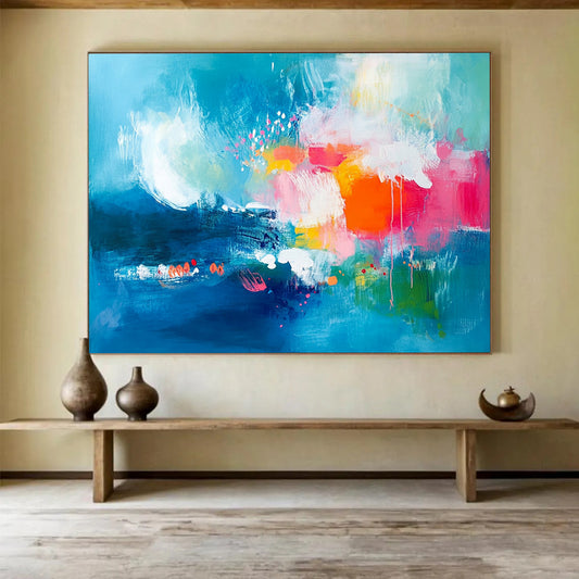 “Colorful Blue - Based Abstract” - Blue, Pink, Orange, Green with Splashes - Painting On Canvas HB1378