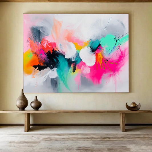 “Colorful Abstract Expressionist Burst” - Pink, orange, green, blue, white; Vibrant abstract expressionist; Acrylic Painting On Canvas HB1260