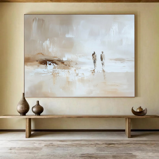 “Beach Stroll in Neutral Tones” - Beige, white, brown; Two figures walking on an abstract beach; Impasto Oil Painting On Canvas HB1196