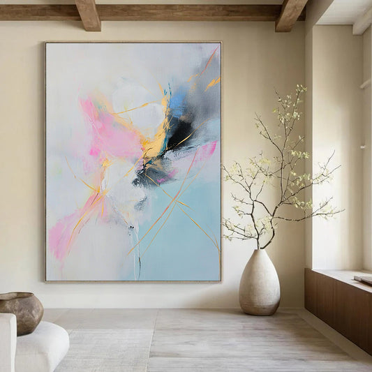 Large contemporary hand-painted abstract artwork featuring soft pastel colors and elegant golden lines in pink white blue yellow light gray and black. DLZ1061