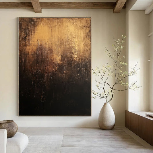 Contemporary abstract art features a dark brown distressed background with textured dark grays and subtle gold accents in a captivating style. DLZ1241