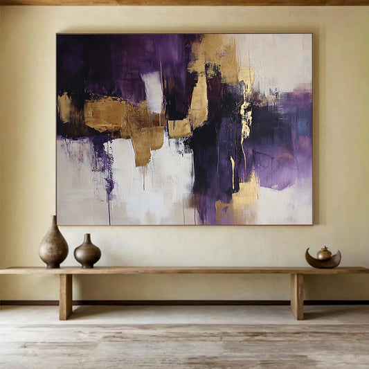 “Purple and Gold Abstract Fusion” - Purple, gold, white, black; Dynamic abstract color blocks and drips; Acrylic Painting On Canvas HB1216