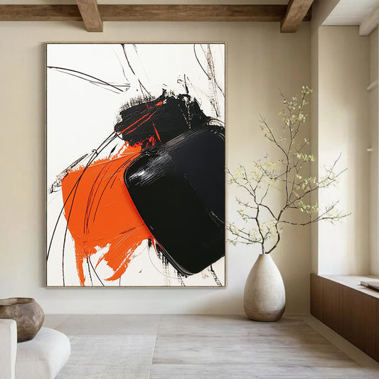 Contemporary abstract artwork features bold black and orange strokes on white, complemented by minimalistic line drawings for striking contrast. DLZ1537