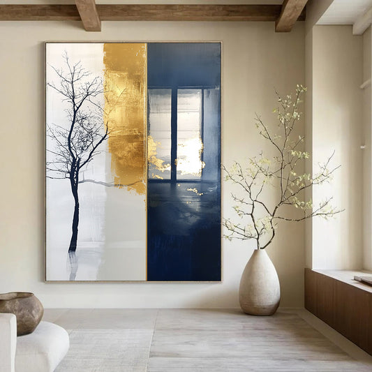 Contemporary large hand-painted abstract artwork features a striking blend of tree motifs and branches against a rich dark blue background. DLZ1509