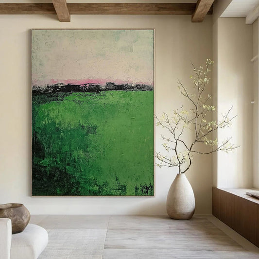 Contemporary abstract painting showcasing muted green grass foreground and a foggy village background featuring soft brush strokes on a textured canvas. DLZ0392