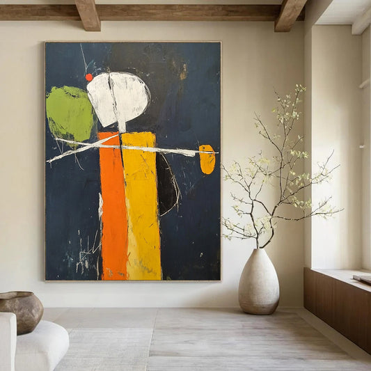 Contemporary hand-painted abstract art featuring a minimalistic orange and yellow figure on a dark blue background with green accents and visible brush strokes DLZ1581