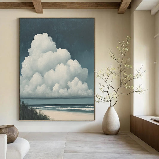 Contemporary hand-painted abstract art featuring clouds on the beach with large white clouds and a dark blue sky in muted colors. DLZ1679