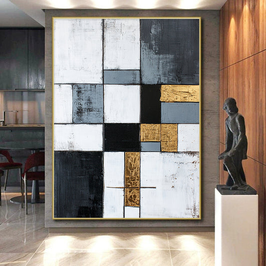 Gray, White, Gold, Black, Patchwork Squares "Gilded Harmony" Abstract Neo - Platicist Painting On Canvas HB150