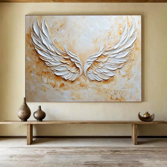 “3D White Angel Wings” - White, Beige, Textured 3D Wings Painting On Canvas HB0781