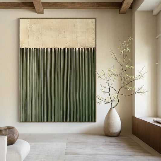 Contemporary hand-painted abstract art featuring a textured green wall with vertical lines against a soft gray background, creating a compelling visual contrast. DLZ1711