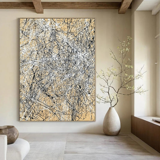 Contemporary hand-painted abstract art features intricate light brown and black crosshatching creating energetic movement and depth on canvas. DLZ0985