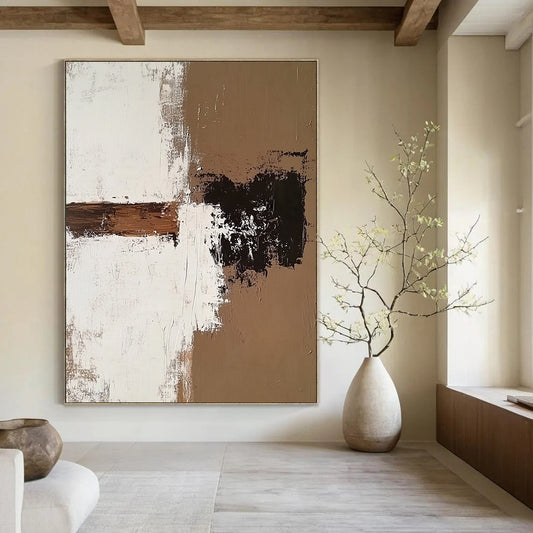Contemporary hand-painted abstract art featuring a dark beige and light gray minimalistic style with a vintage aesthetic on a brown wall. DLZ1161