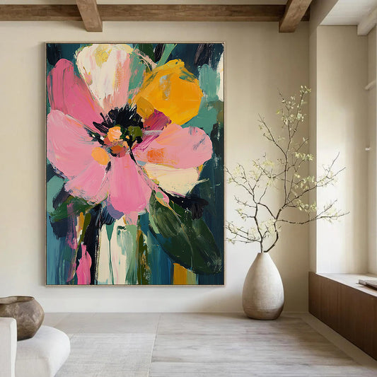 Vibrant contemporary painting featuring oversized pink and yellow flowers, lush dark green leaves, and expressive thick brush strokes. DLZ0381