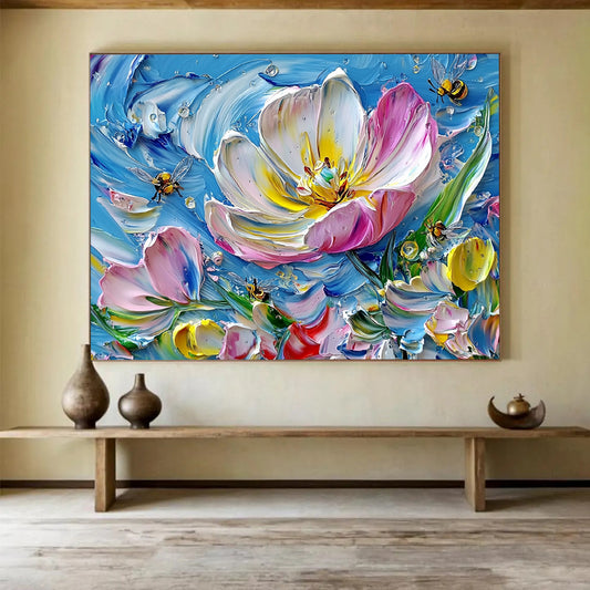 3D Textured Flower with Bees on Blue - Impasto Floral Painting On Canvas HB0447