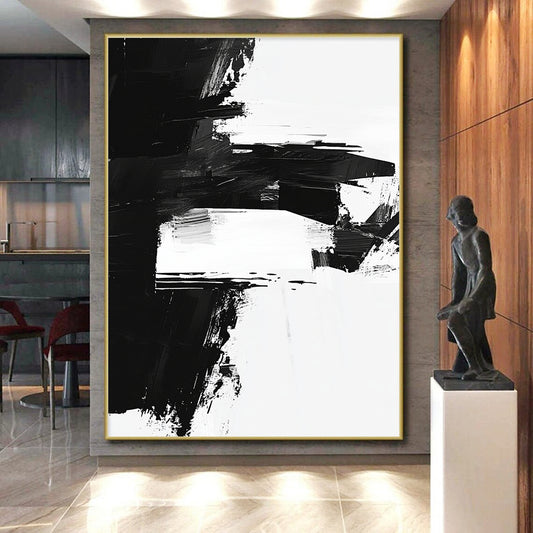 Black and White Abstract Blocks "Geometric Contrast" Painting On Canvas HB312