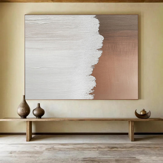 “White and Warm Brown Textured Split” - Minimalist Abstract Painting On Canvas HB0509