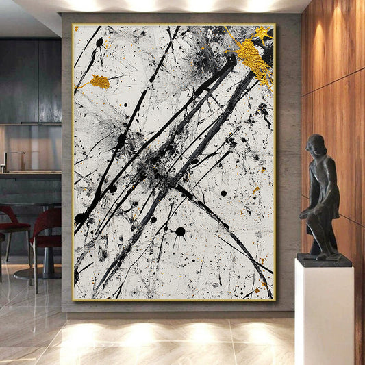 Black, White, Gray, Gold, Dynamic Drips "Starry Chaos" Abstract Pollock - Inspired Painting On Canvas HB064