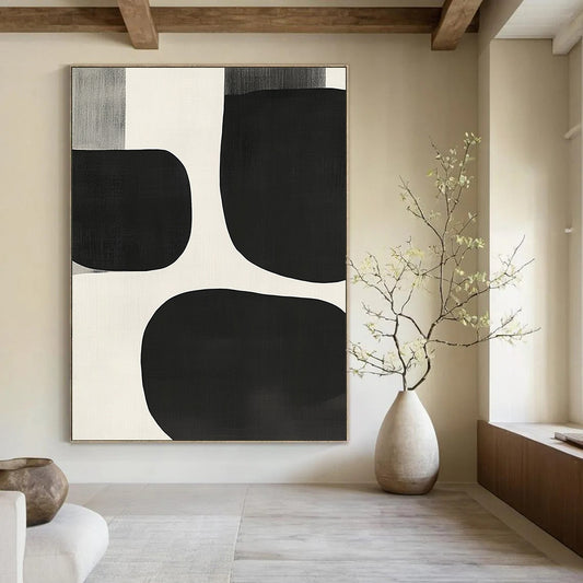 Contemporary hand-painted abstract artwork featuring black and white shapes, overlapping organic forms, soft edges, and a minimalist style inspired by mid-century modern design. DLZ1552