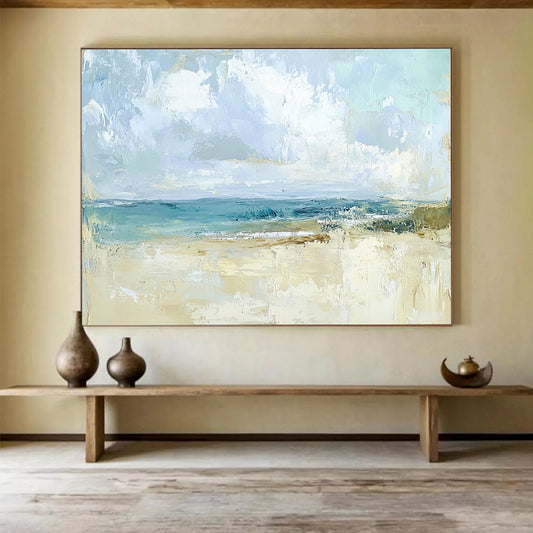 “Abstract Beach Scene” - Blues, Beiges, Whites, Softly Painted Beach and Sky - Abstract Acrylic Painting HB1709
