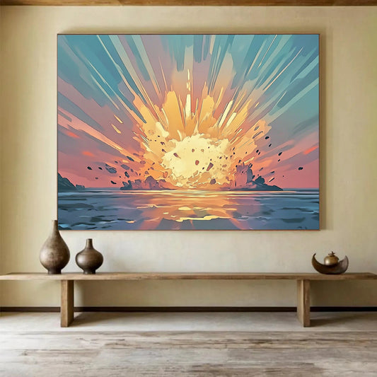 “Explosive Coastal Sunset” - Orange, Blue, Dynamic Coastal Explosion Painting On Canvas HB0891