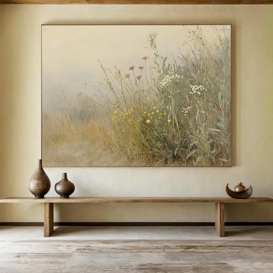 “Misty Meadow Wildflowers” - Beige, Gray, Pink, Yellow, White, Hazy Field of Flowers - Impressionistic Oil Painting HB1772