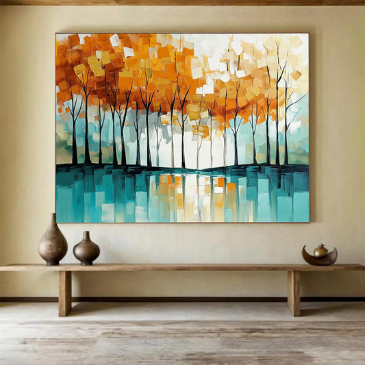 “Autumn Tree Reflection” - Orange - yellow trees, teal reflection, Abstract Landscape Painting On Canvas HB0566