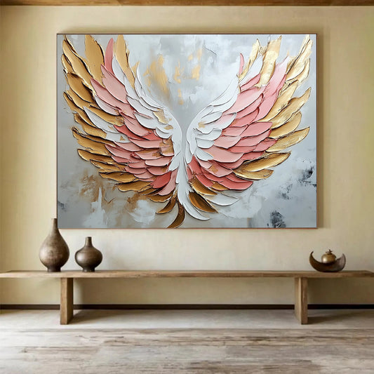 “Textured Angel Wings Abstract” - Gold, Pink, White with 3D Wings - Painting On Canvas HB1398