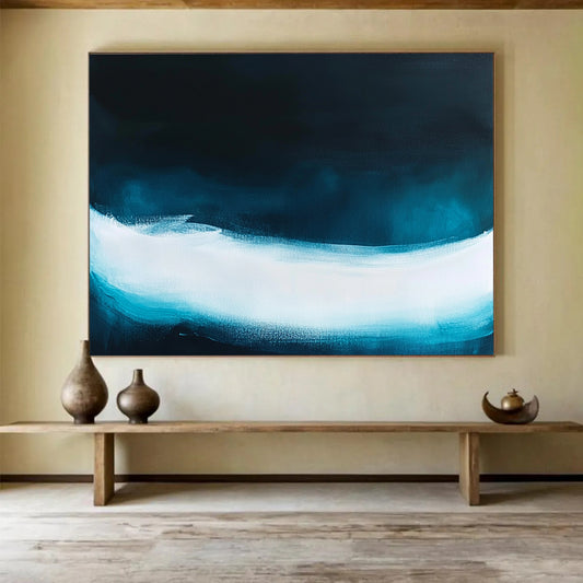 “Dark Blue with Light Blue - White Wave” - Minimalist Abstract Painting On Canvas HB0508