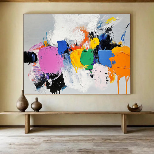 “Colorful Abstract Shapes” - Pink, Blue, Yellow, Green, Abstract Expressive Painting On Canvas HB1089