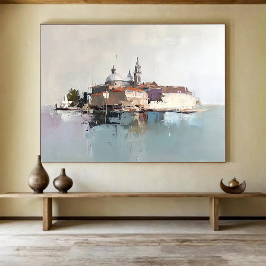 “Abstract Venetian Island” - Browns, Greys, Blues, Purple, Island Scene - Abstract Oil Painting HB1578