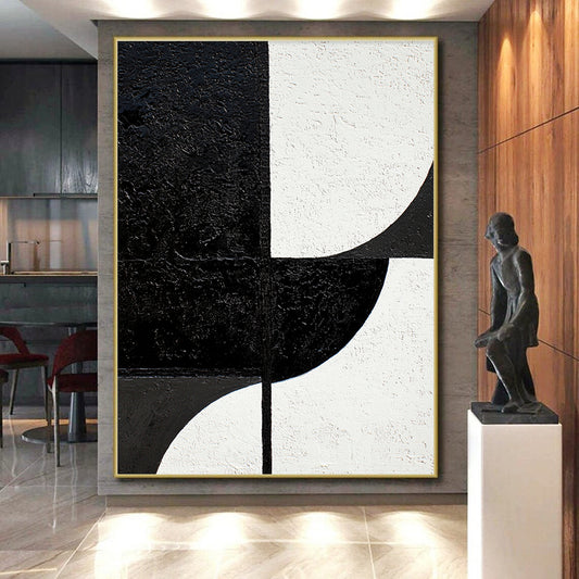 Black & White Geometric Shapes - “Minimalist Form Fusion” Painting On Canvas HB228