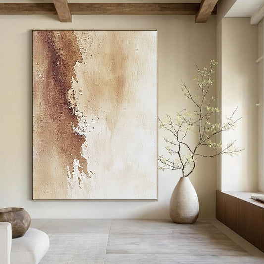 Contemporary hand-painted abstract artwork featuring a watercolor beige background with distressed brown and white accents, inspired by David Mack for Aman Resorts. DLZ1724