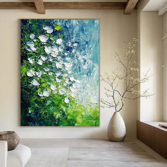 Contemporary abstract art featuring white flowers and emerald green leaves with a tranquil water effect, inspired by Monet and Van Gogh's styles. DLZ1740
