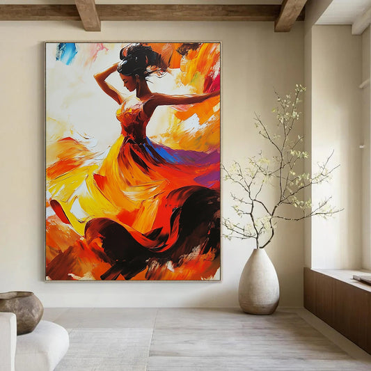 Contemporary abstract painting featuring a flamenco dancer in dynamic motion with a vibrant dress in red yellow and orange shades. DLZ1676