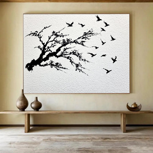 “Black - White Plum Blossom & Birds” - Black, White, Minimalist Nature Silhouettes - Ink Painting HB1631