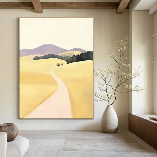 Contemporary hand-painted abstract artwork featuring a serene rural road in New Zealand with rolling hills in soft yellow tones and minimalistic design. DLZ1099