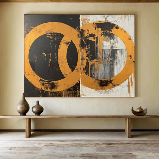 “Interlocking Gold Circles” - Gold, Black, White, Abstract Circles Painting On Canvas HB0785