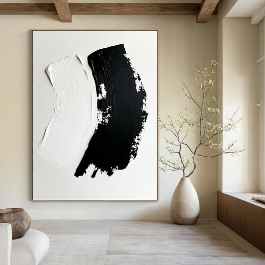 Contemporary hand-painted abstract art featuring dynamic black brushstrokes on white canvas showcasing depth and contrast in an engaging composition. DLZ1746