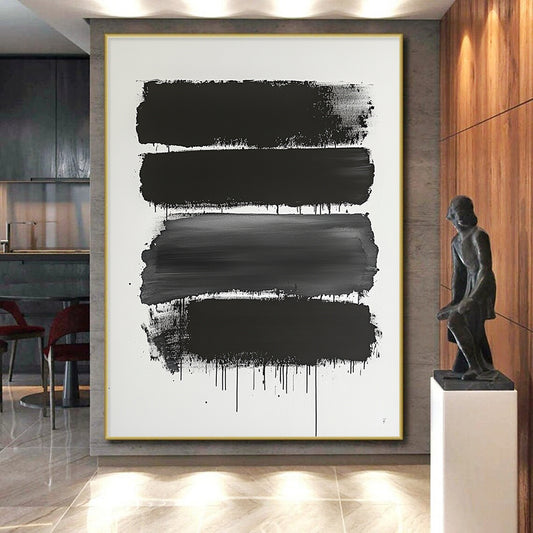 Black and Gray Dripping Stripes "Moody Flow" Painting On Canvas HB275