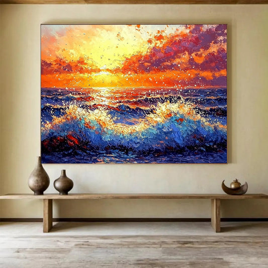 “Vibrant Sunset Ocean Waves” - Orange, Red, Purple, Blue, Crashing Waves - Impasto Oil Painting HB1698