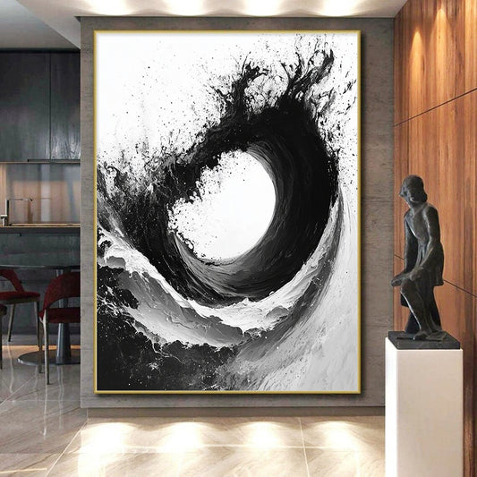 Black & White Ink Wave - “Powerful Ink Surge” Painting On Canvas HB229