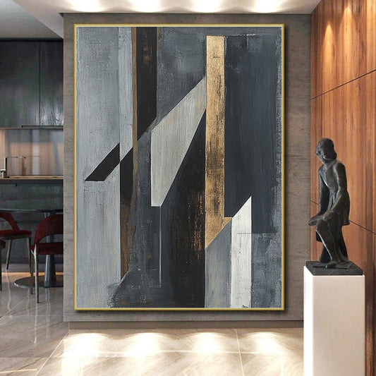 Gray, Black, White and Gold Geometric Abstraction "Dynamic Geometry" Painting On Canvas HB389