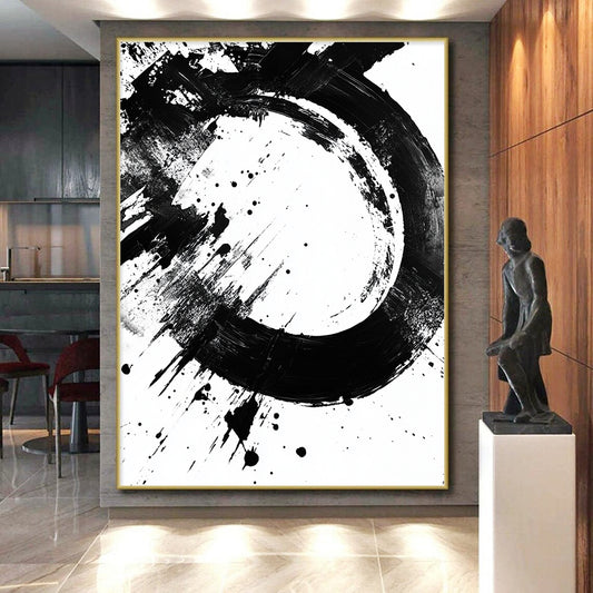 Black Circular Brushstroke with Splatter - “Dynamic Enso Splash” Painting On Canvas HB242