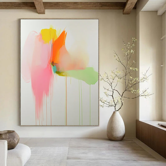 Vibrant contemporary abstract artwork featuring soft pink orange and green tones with pastel drips on a white background creating a serene visual experience. DLZ1063