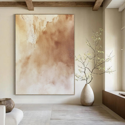 Contemporary hand-painted abstract artwork featuring soft beige textures atmospheric skies and intricate natural landscapes in light and dark shades. DLZ1723
