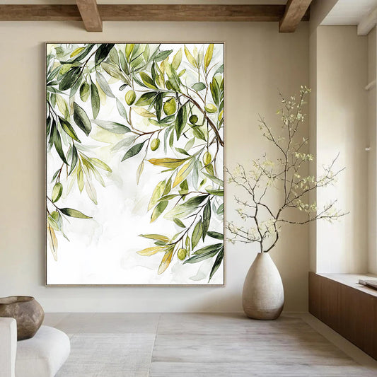 Contemporary abstract painting featuring olive tree leaves in muted colors with soft organic forms and white space highlighting nature's tranquility. DLZ1728