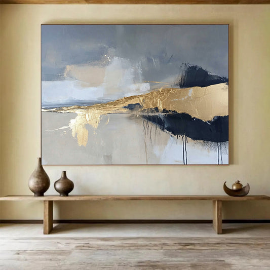 “Gilded Mist” - Gray, Gold, Black, Abstract Textured Landscape Painting On Canvas HB1068