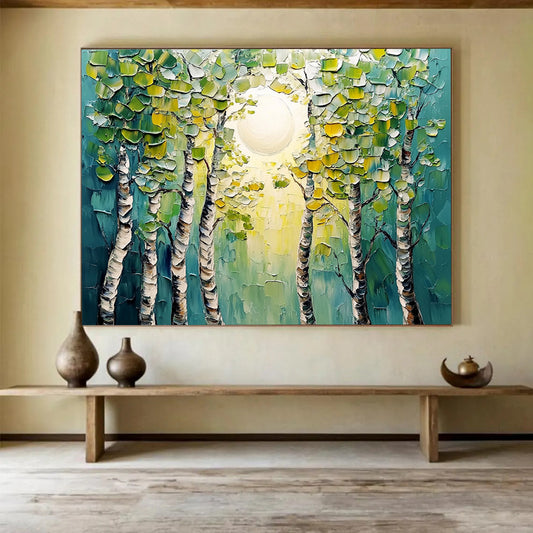 “Textured Forest Sunrise” - Green, Yellow, Blue, Textured Forest & Sun HB1133