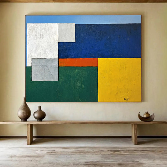 “Geometric Harmony” - Blue, White, Gray, Orange, Green, Color - Blocked Squares Painting On Canvas HB1050