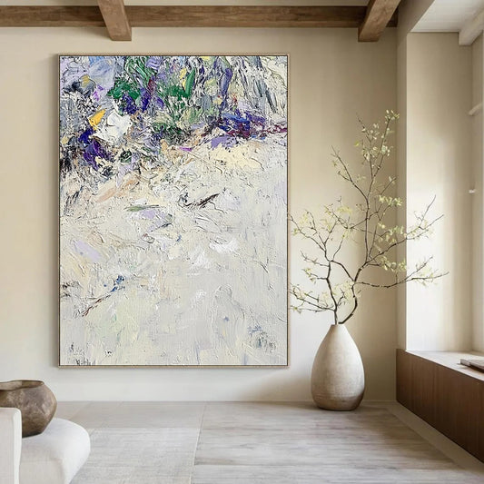 Large contemporary hand-painted abstract artwork featuring textured white sand with vibrant green and purple accents in the style of Claude Monet. DLZ0675